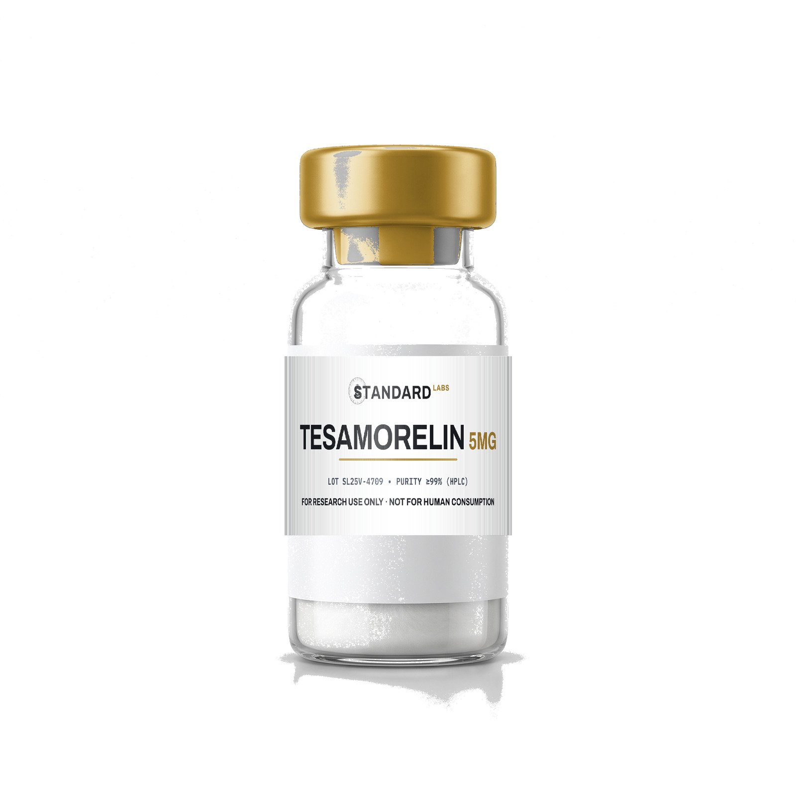 A labelled Standard Labs Tesamorelin vial ready to ship.