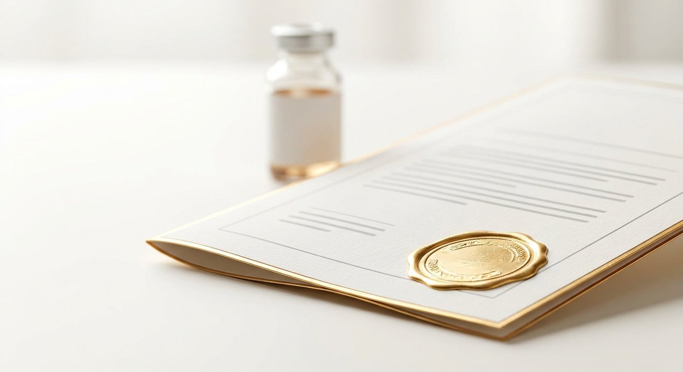 A certificate of analysis with an embossed gold seal beside a research vial.
