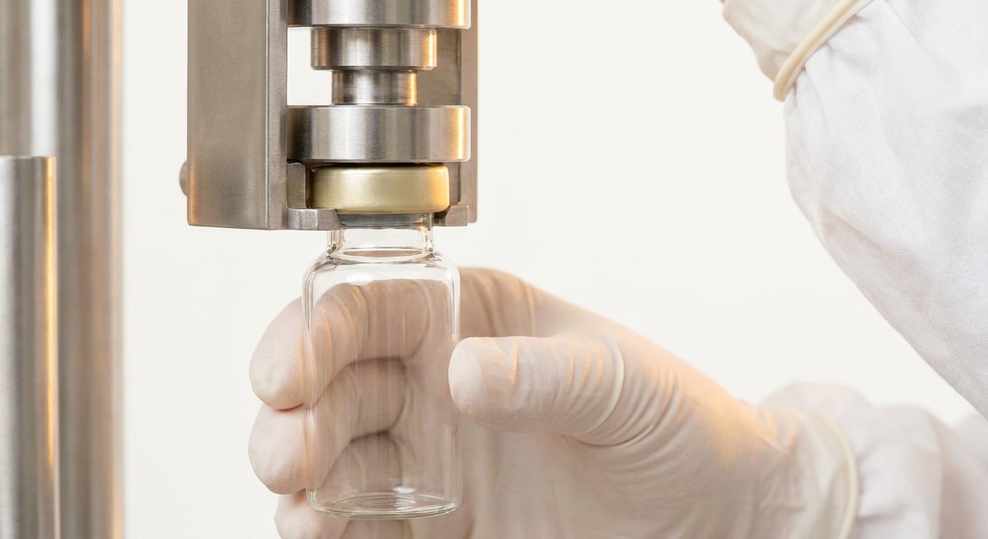 A gowned technician sealing a research vial at a capping station.