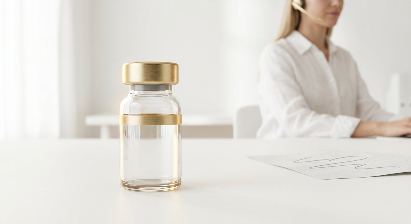 A research-desk specialist at a clean white workstation beside a vial.